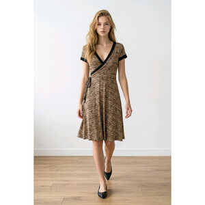 dBy Ltd. Striped Faux Wrap Dress Brown Whimsigoth V-Neck Women Size 14